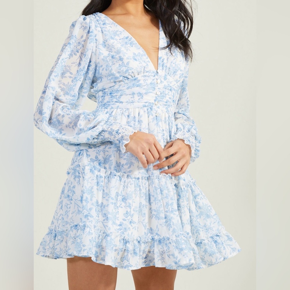 Altar’d State Blue Floral V-Neck Tiered Mini Dress